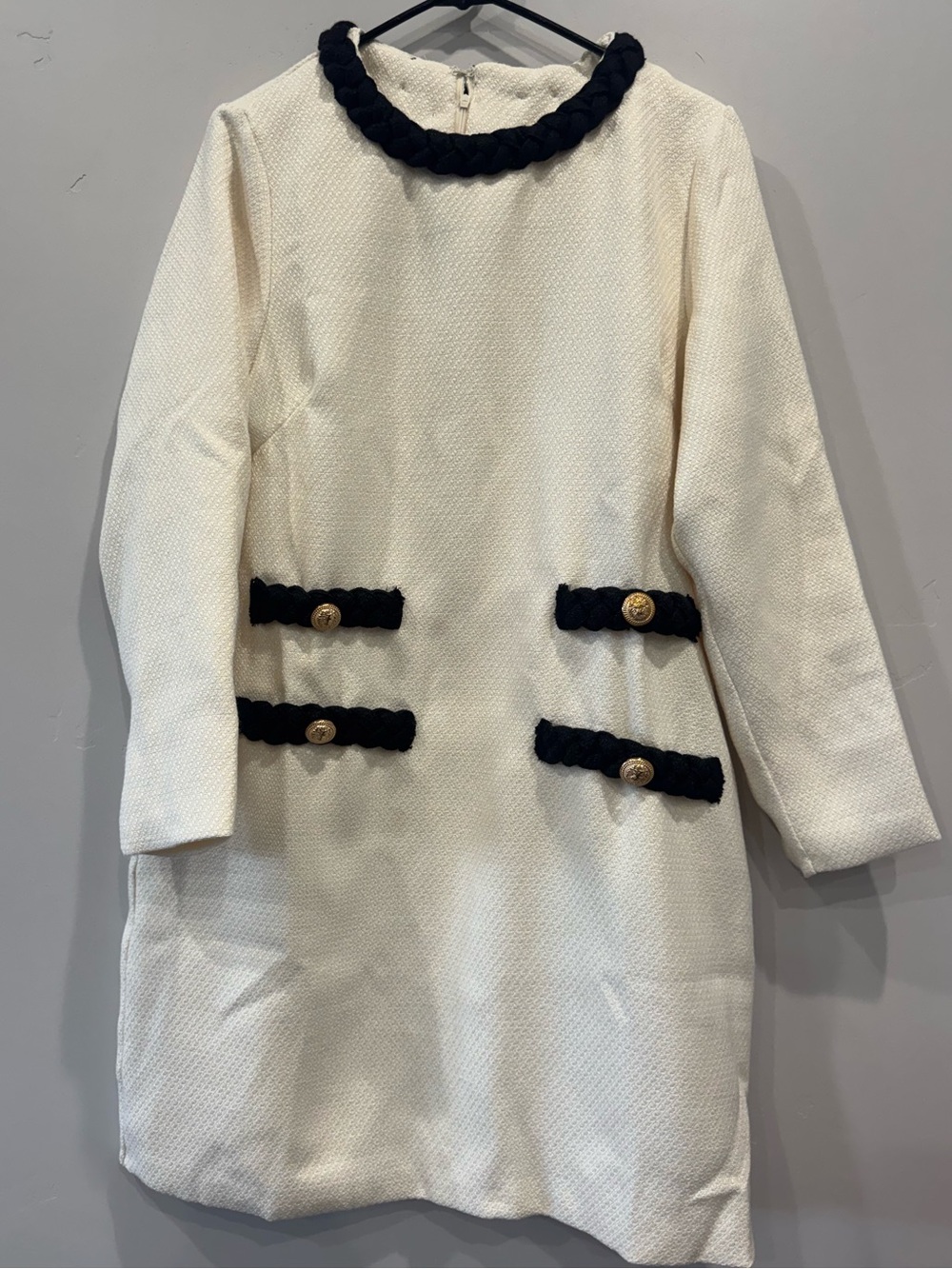 Chanel Vibes Classic Cream Textured Dress with Black Rope Trim